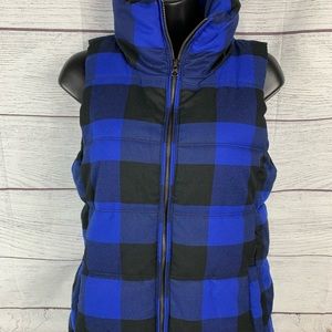 Womens Plaid Blue Black Checkered Puffer Vest XS